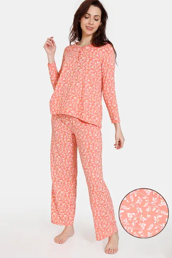 Buy Zivame Blush Bloom Knit Poly Pyjama Set - Burnt Coral